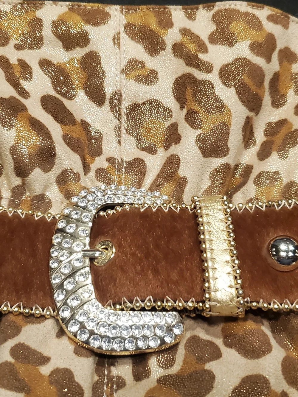 Kathy Van Zeeland Rhinestone Buckle Brown Leopard Print Waist Belt Purse